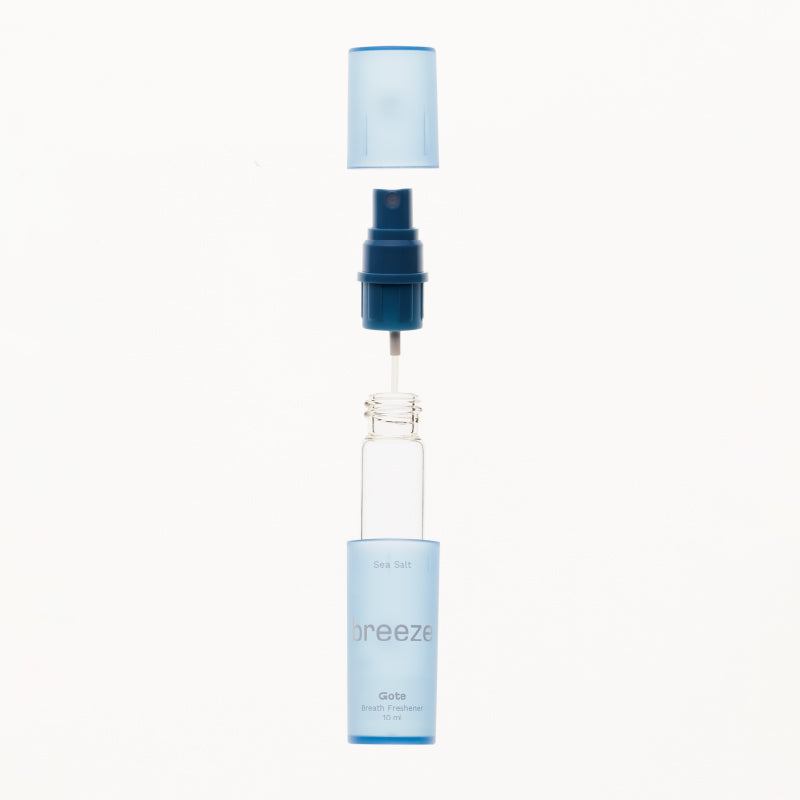 Breeze skincare bottle with blue cap on a white background